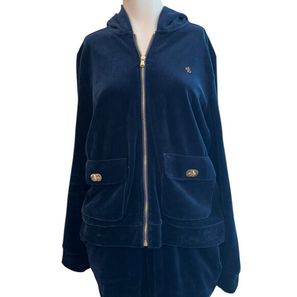 Lauren Ralph Lauren Large Dark Blue Velour Track Suit Zip Jacket Pants Set LRL - Picture 3 of 11